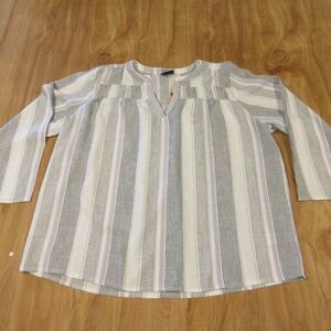 SPLENDID Linen Blend Top Blouse Size M Yoked Grey Purple White Strip Shirt NWT
